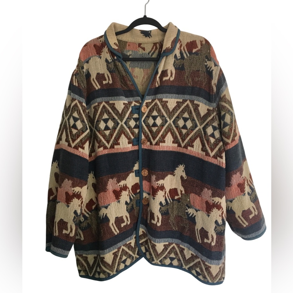 Vintage Tapestry Coat Horses Reversible Aztec 2X